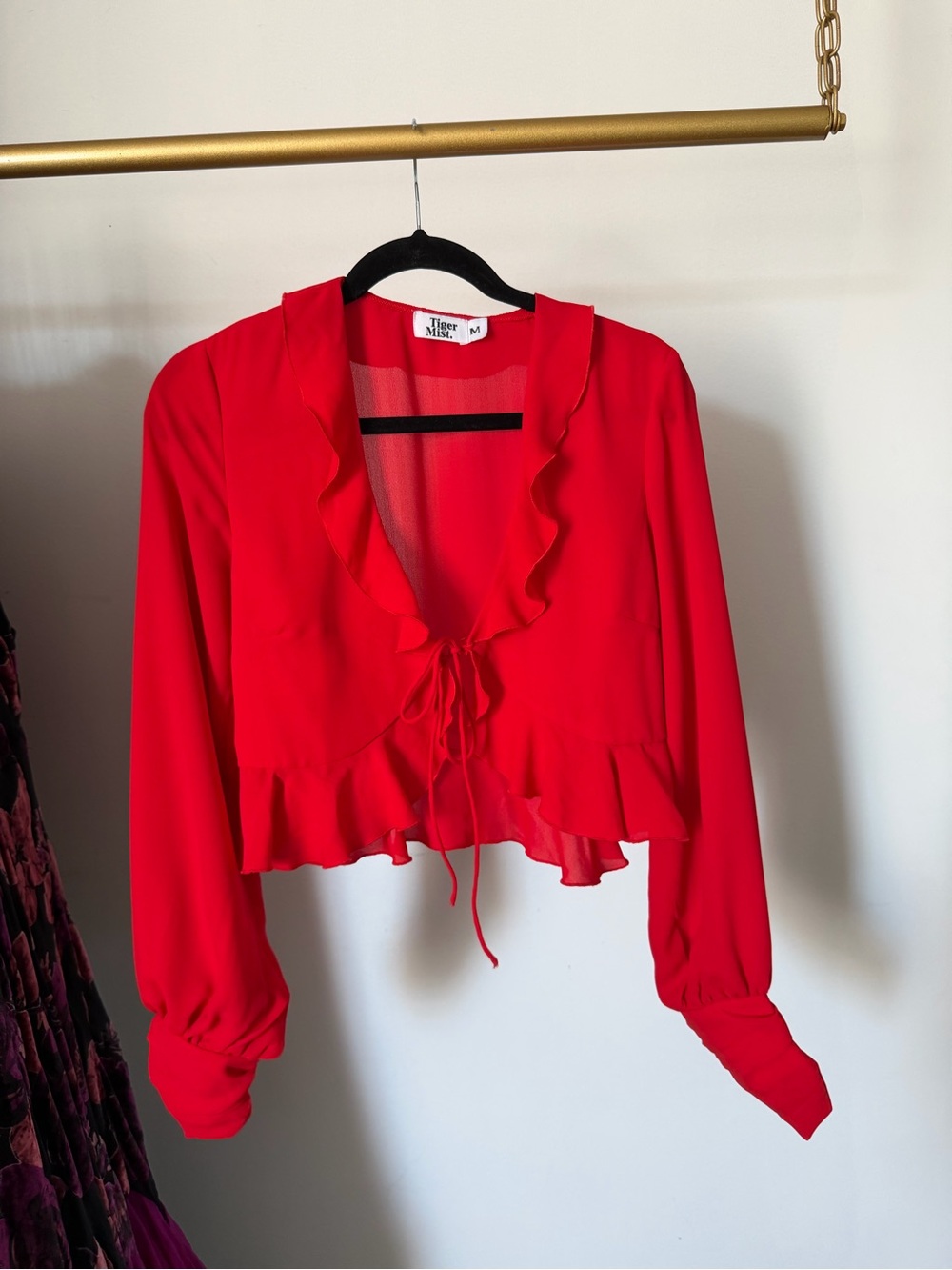 Tiger Mist Bright Red Ruffle Tie-Front Blouse